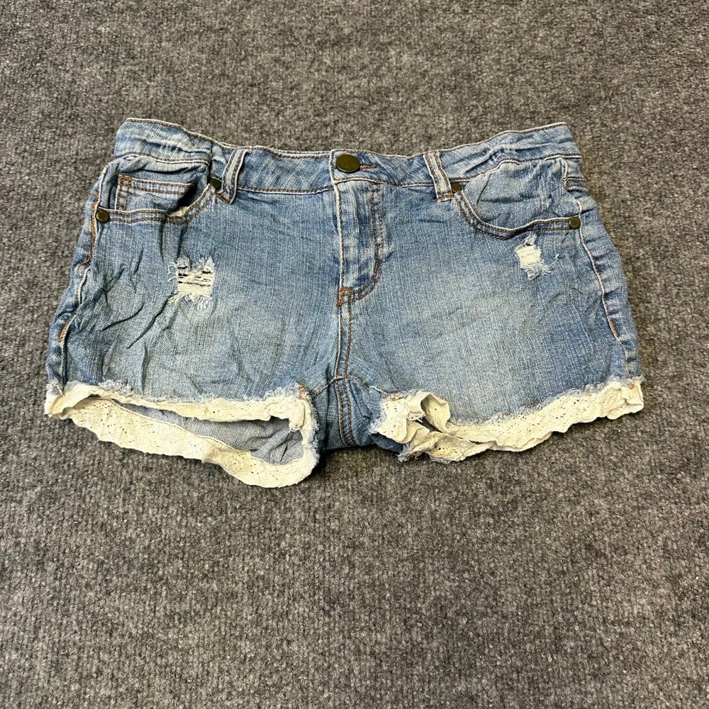 Wet Seal Denim Shorts Womens Size 7 Blue Distressed Lace Trim Frayed Hem Casual